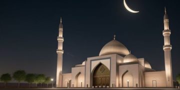 moon behind mosque